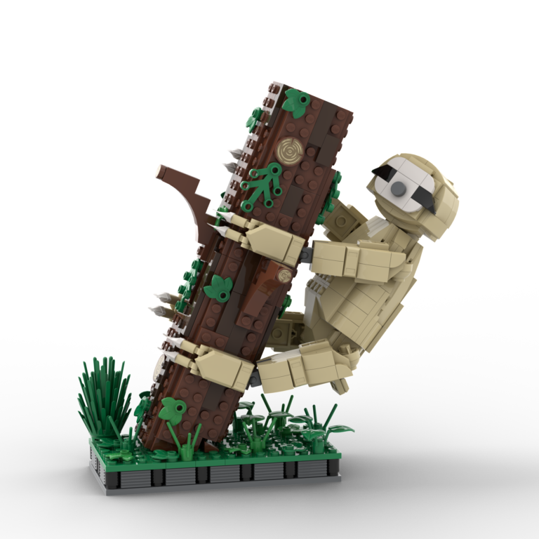 LEGO Animal MOC of a large sloth hanging from a tilted tree