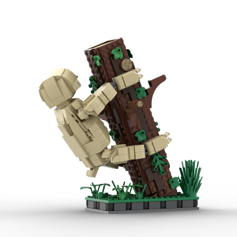 LEGO Animal MOC of a large sloth hanging from a tilted tree