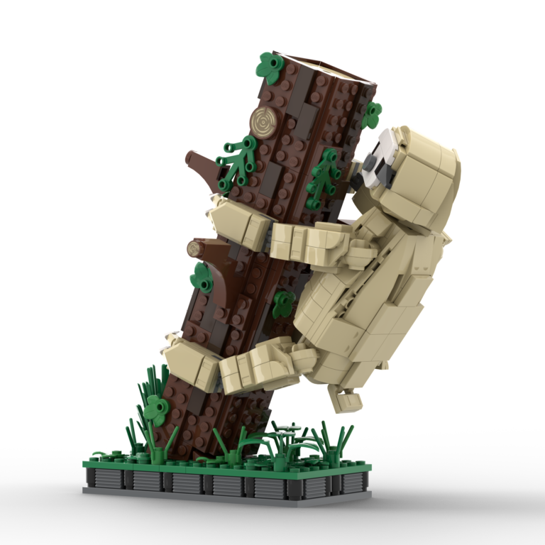 LEGO Animal MOC of a large sloth hanging from a tilted tree