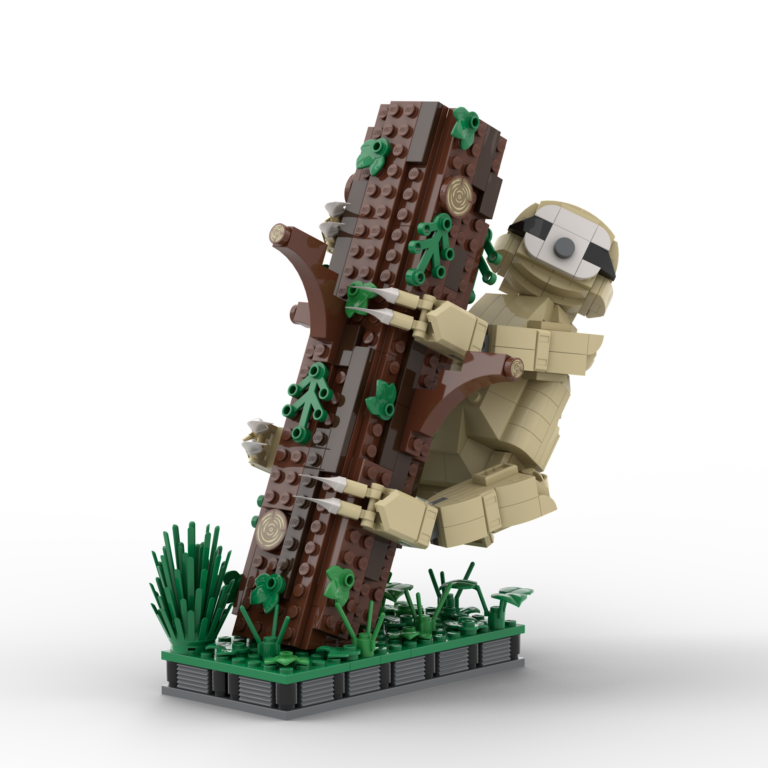 LEGO Animal MOC of a large sloth hanging from a tilted tree