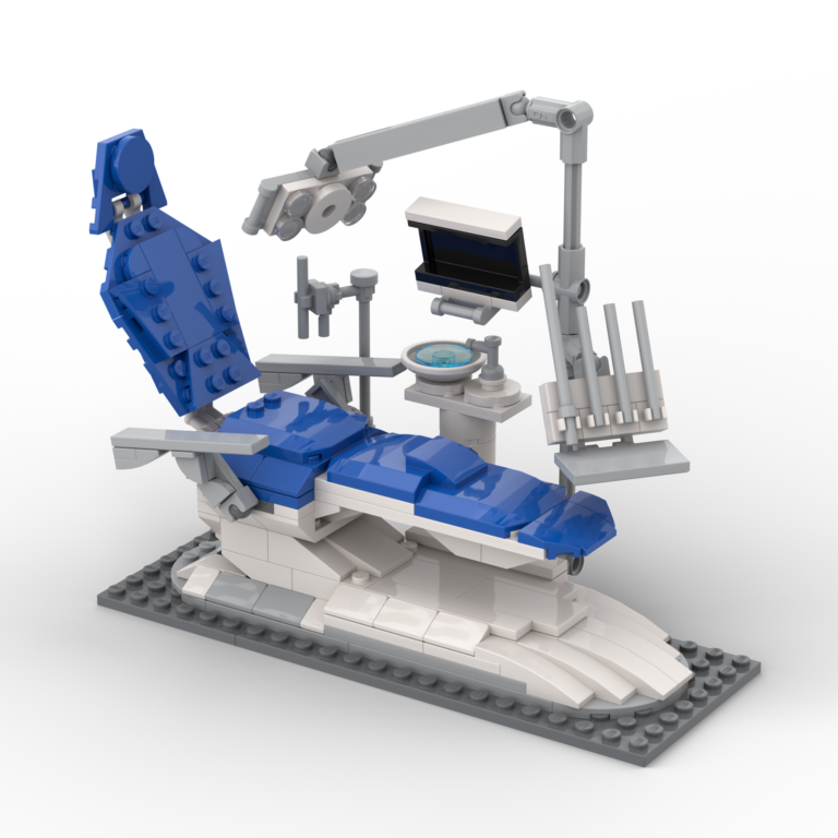 LEGO Model of a white and blue dental chair with various tools attached to it