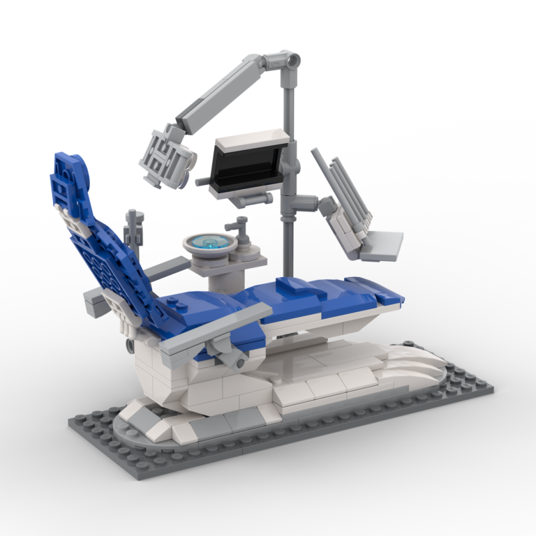 LEGO Model of a white and blue dental chair with various tools attached to it