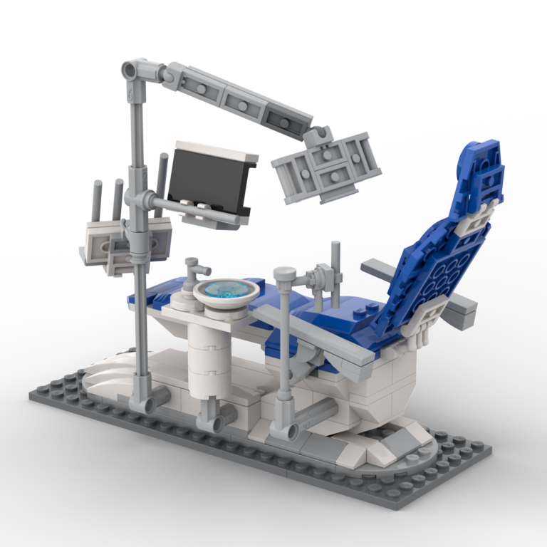 LEGO Model of a white and blue dental chair with various tools attached to it