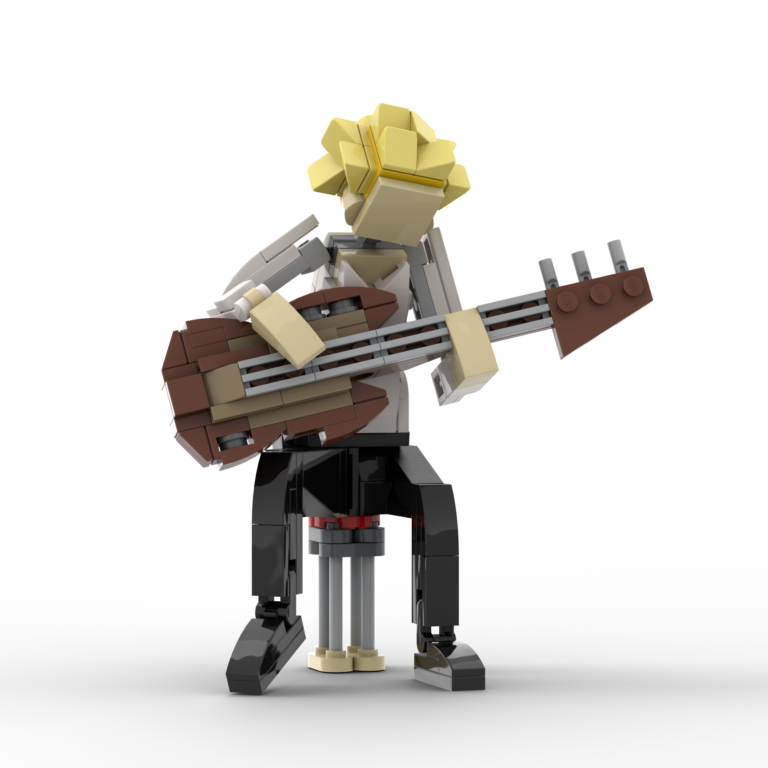 Personalized LEGO model of a person with a guitar sitting on a chair