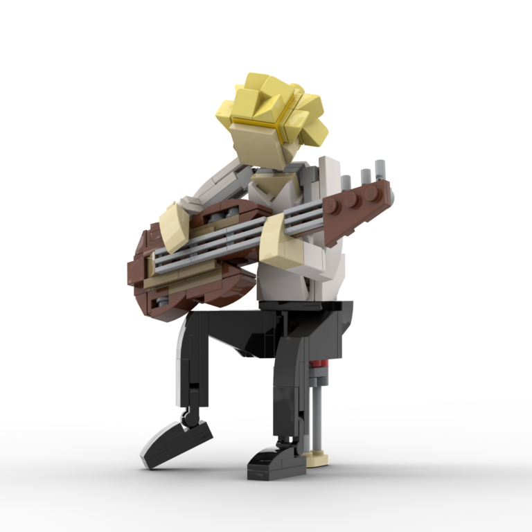 Personalized LEGO model of a person with a guitar sitting on a chair