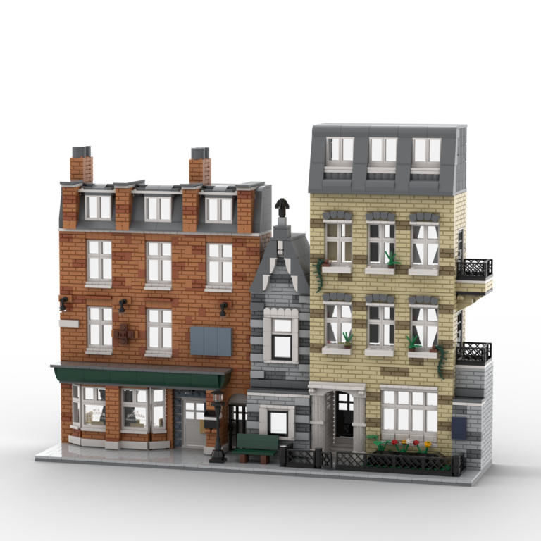 Custom LEGO city backdrop of three brick buildings for a London double-decker bus