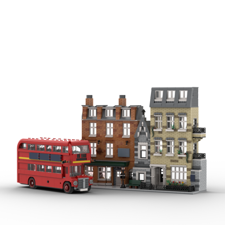 Custom LEGO city backdrop of three brick buildings and a London double-decker bus