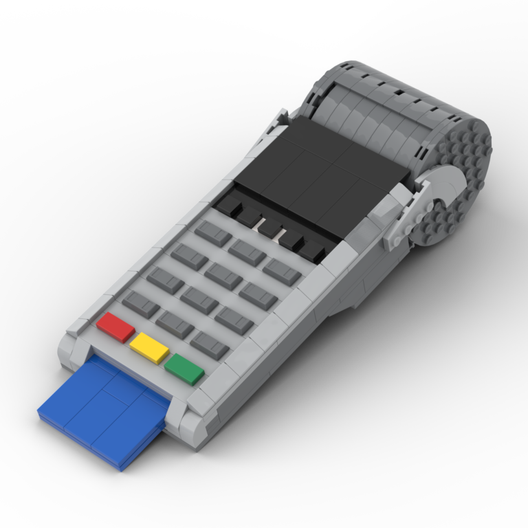 Custom LEGO model of a gray credit card terminal with removable credit card