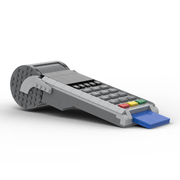 Custom LEGO model of a gray credit card terminal with removable credit card