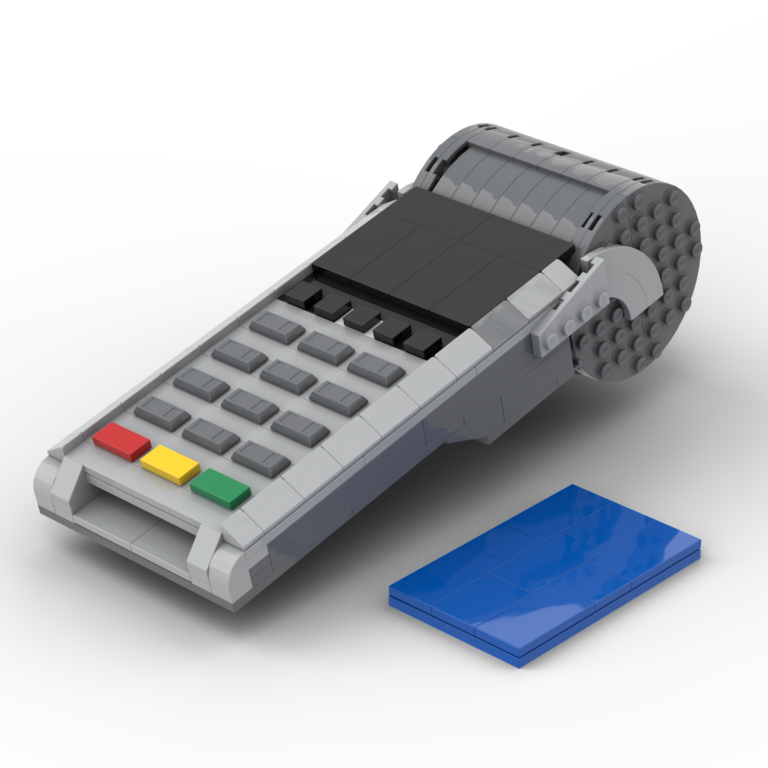 Custom LEGO model of a gray credit card terminal with removable credit card