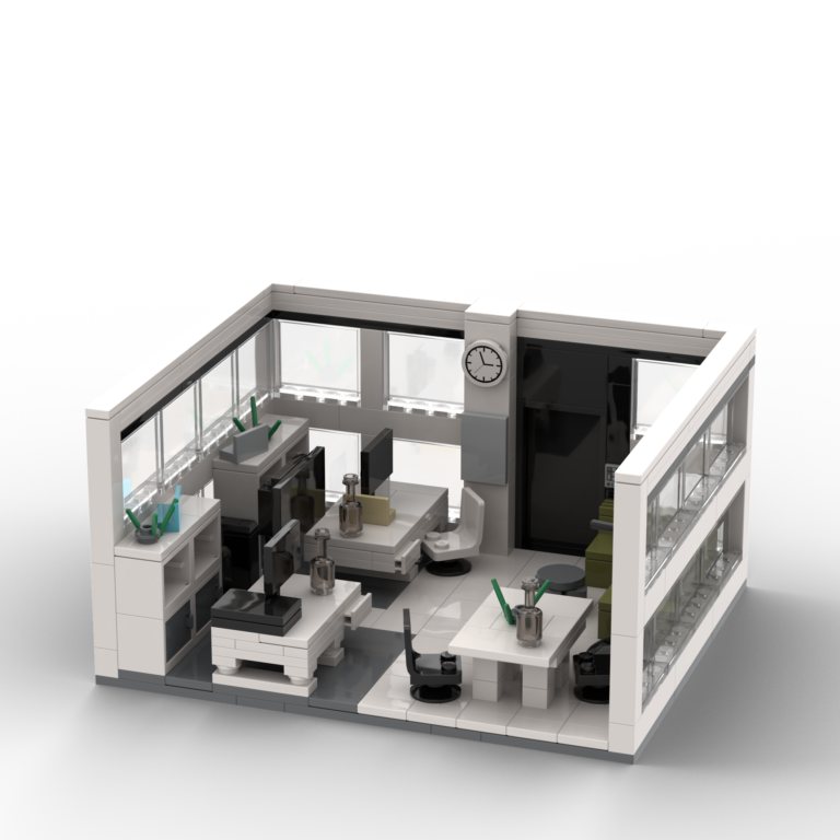 Custom white LEGO corporate office model with three walls and furniture