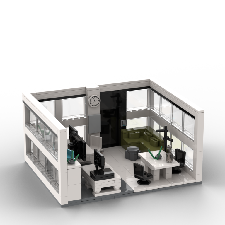 Custom white LEGO corporate office model with three walls and furniture