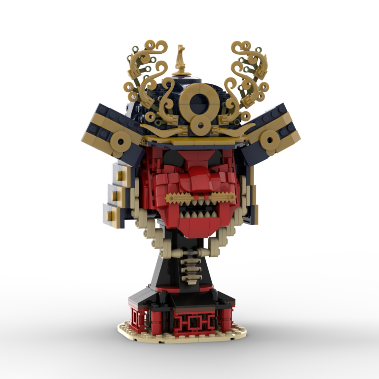 A dark blue custom LEGO samurai helmet with a red face and golden decorations