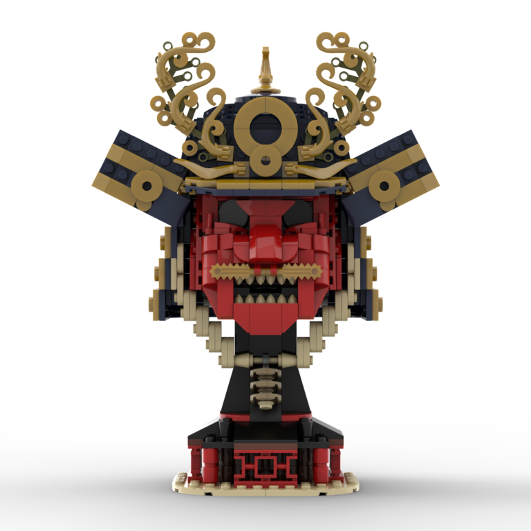 A dark blue custom LEGO samurai helmet with a red face and golden decorations