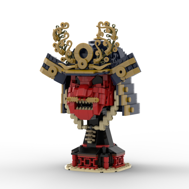 A dark blue custom LEGO samurai helmet with a red face and golden decorations