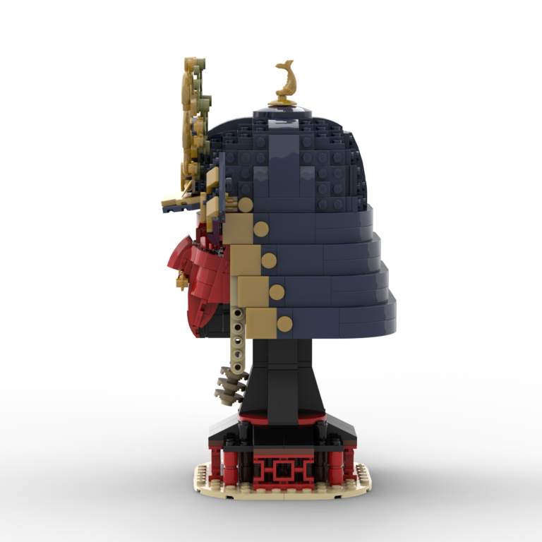 A dark blue custom LEGO samurai helmet with a red face and golden decorations