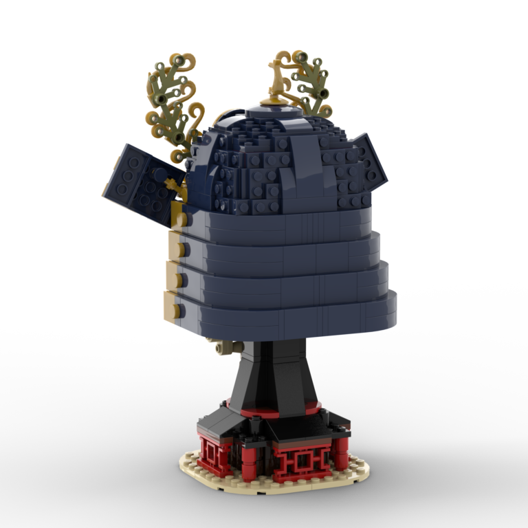 A dark blue custom LEGO samurai helmet with a red face and golden decorations