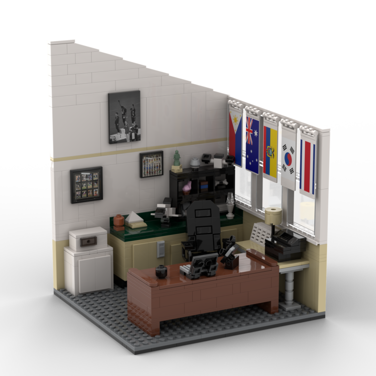 Cross section of a LEGO room with furniture and flags on the wall