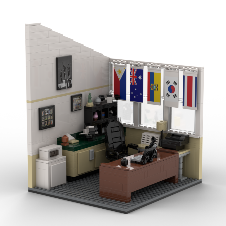 Cross section of a LEGO room with furniture and flags on the wall