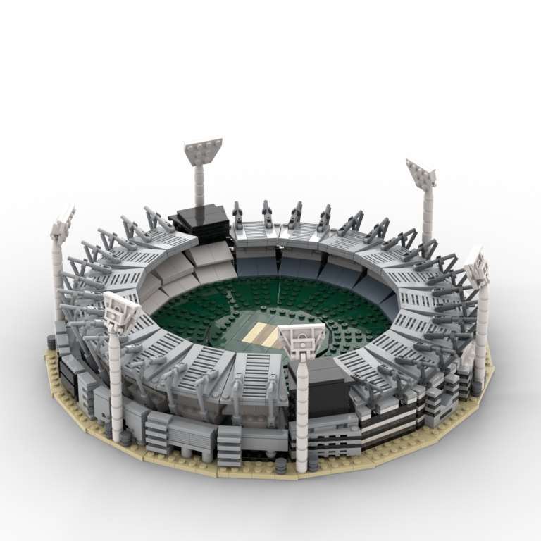 Round LEGO stadium model with detailed walls and lights