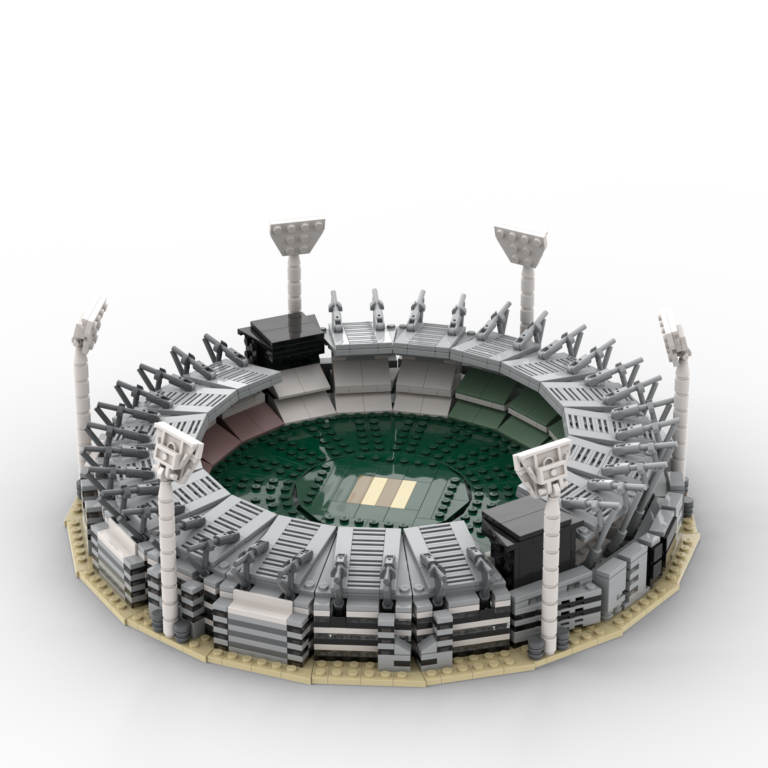 Round LEGO stadium model with detailed walls and lights